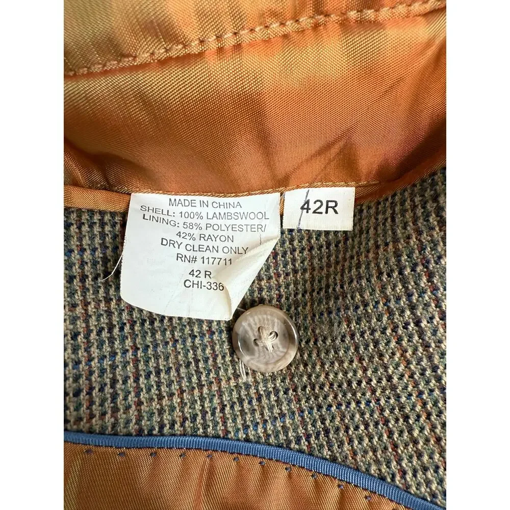 Alan Flusser Lambswool Blazer Jacket Size 42R Brown Tan Plaid Houndstooth